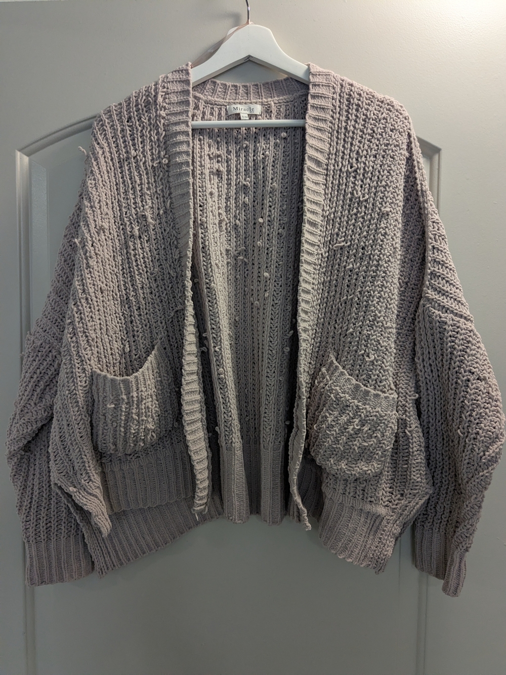 Miracle U.S.A. chunky chenille open-front cardigan, size S/M. Soft dusty mauve/t